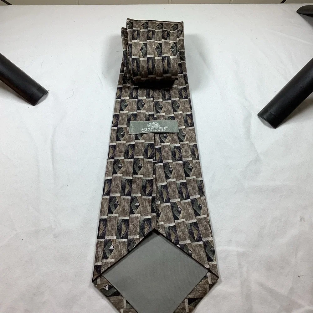 Stafford Signature Silk‎ Tie Brown Green Gray Geometric Mens Necktie